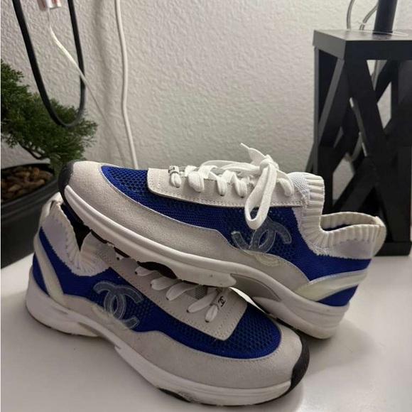 CHANEL Women's Blue and Cream Sneakers - Picture 3 of 9